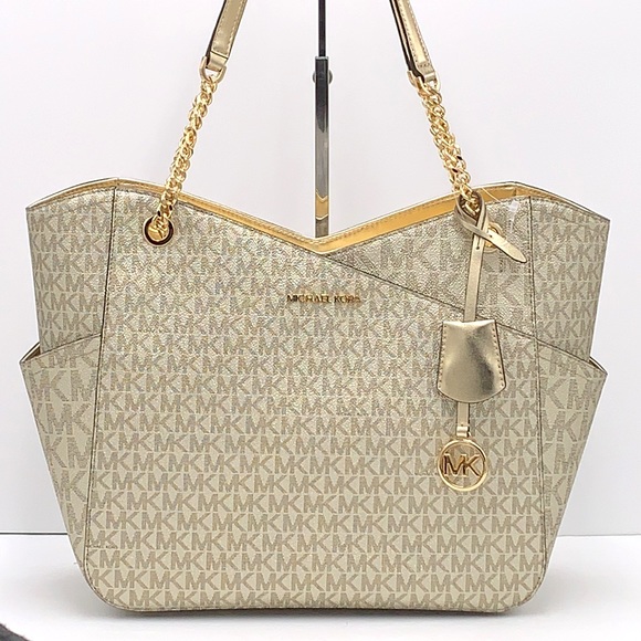 MICHAEL KORS LARGE X CHAIN SHOULDER TOTE BAG PALE GOLD COLOR - Picture 4 of 15
